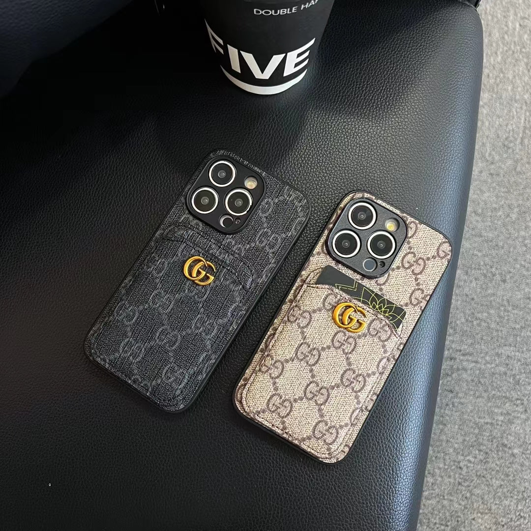 Gucci smartphone case with embedded card holder, showcasing timeless GG emblem