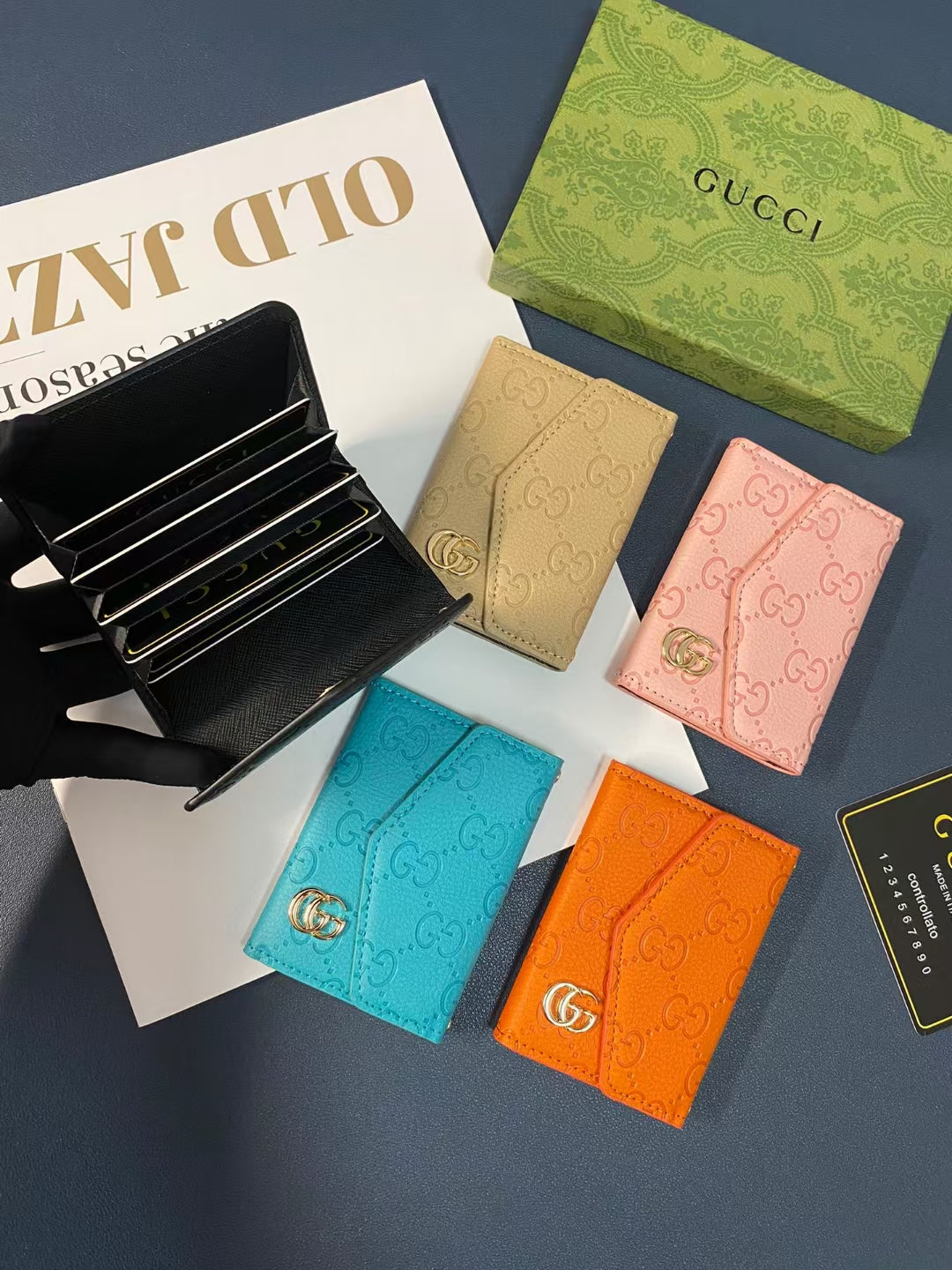 Close-up of the Gucci wallet’s sleek design and premium leather texture