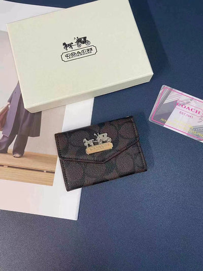 Coach Wallet and Card Holder Duo arranged with other luxury accessories