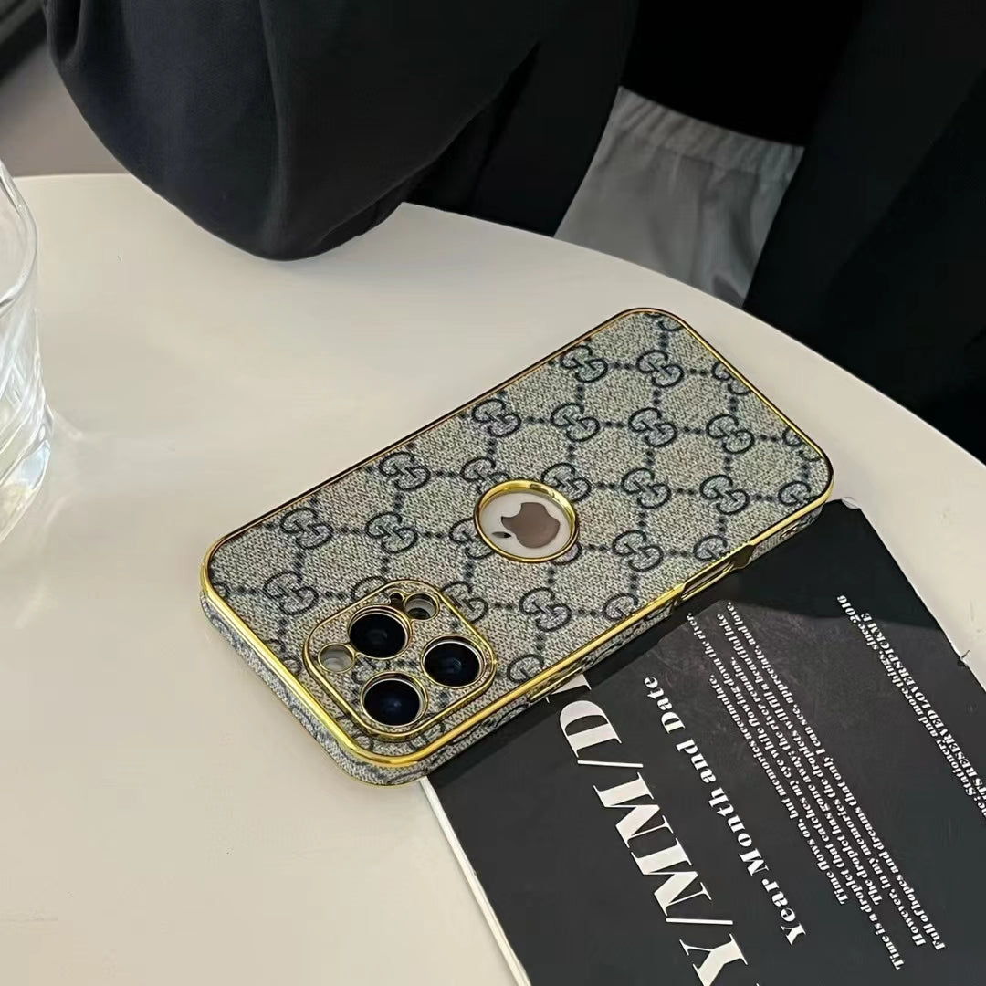 GG-Inspired Luxury Monogram iPhone Case with Gold Trim