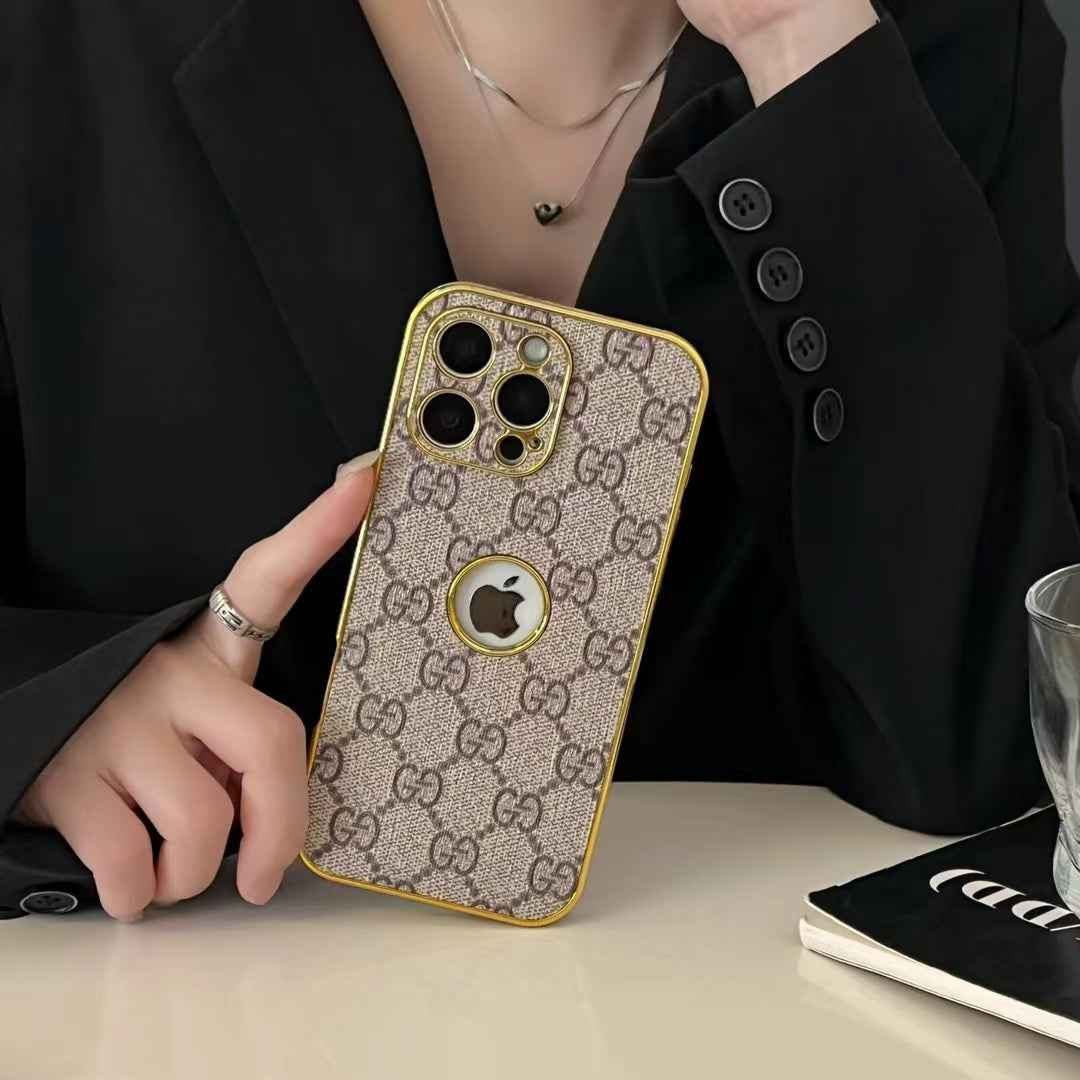 GG-Inspired Luxury Monogram iPhone Case with Gold Trim