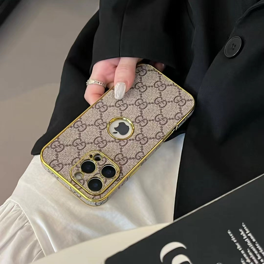 GG-Inspired Luxury Monogram iPhone Case with Gold Trim