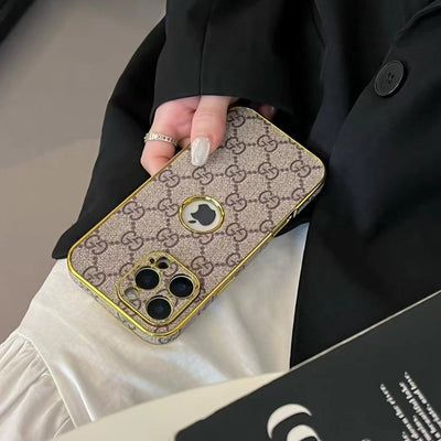 GG-Inspired Luxury Monogram iPhone Case with Gold Trim