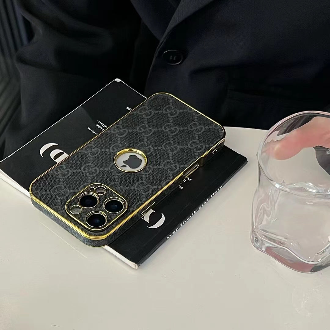GG-Inspired Luxury Monogram iPhone Case with Gold Trim