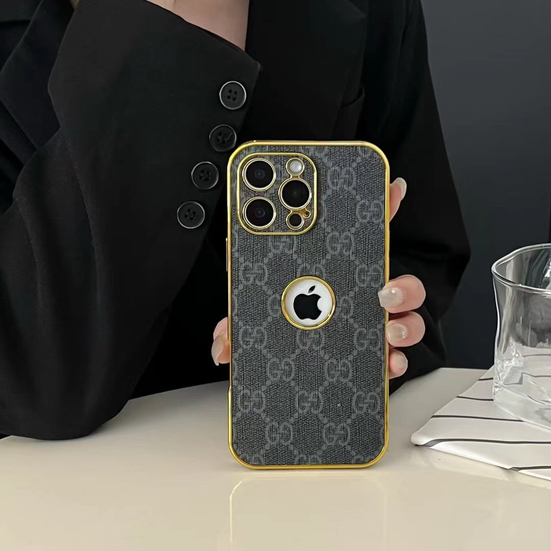 GG-Inspired Luxury Monogram iPhone Case with Gold Trim