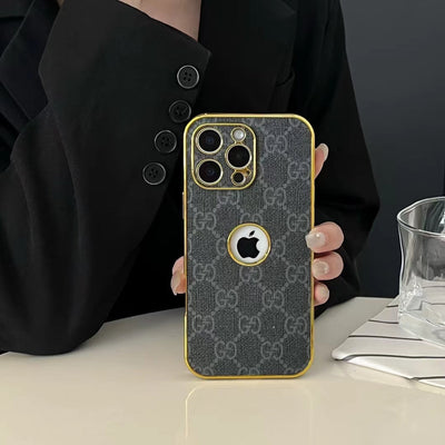 GG-Inspired Luxury Monogram iPhone Case with Gold Trim