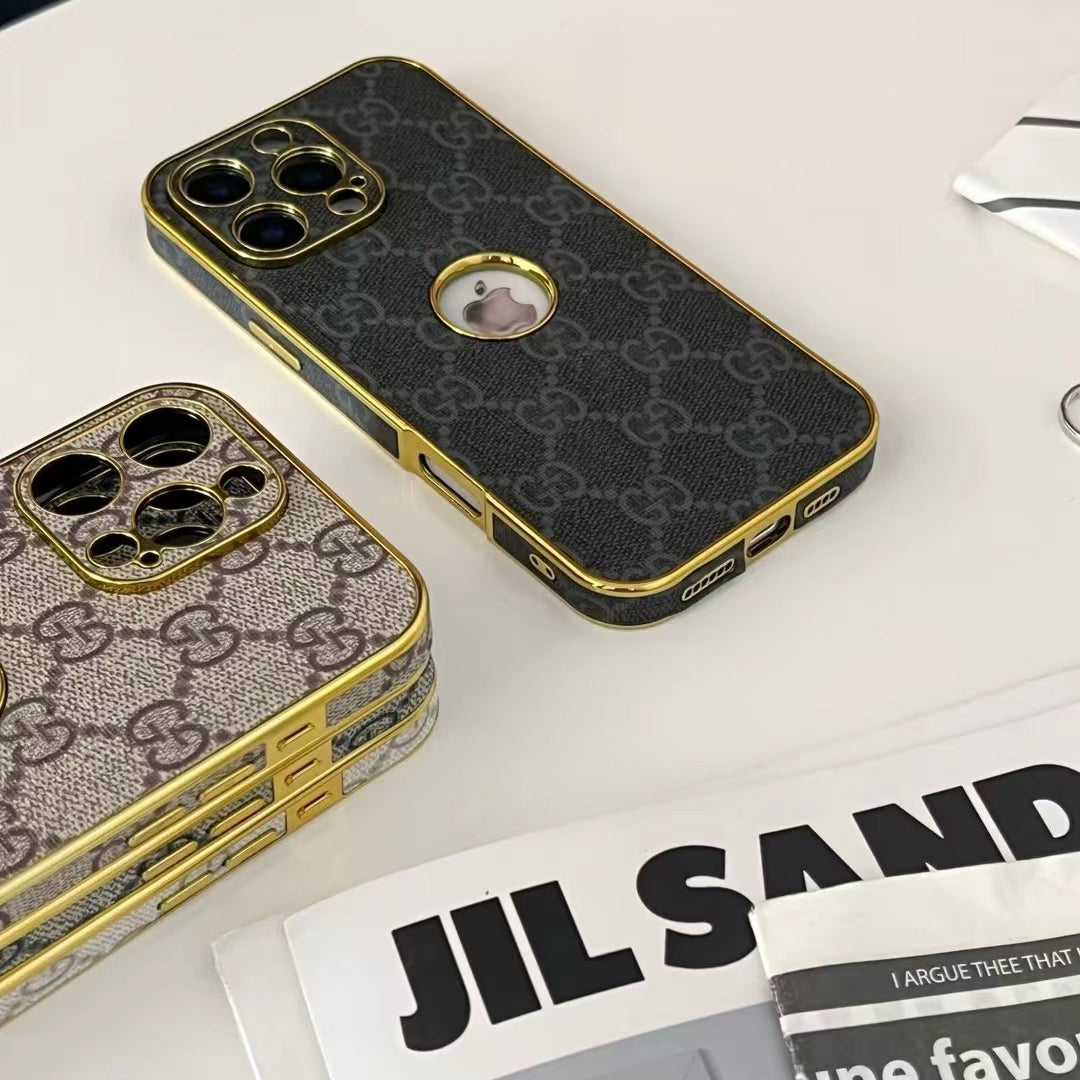 GG-Inspired Luxury Monogram iPhone Case with Gold Trim