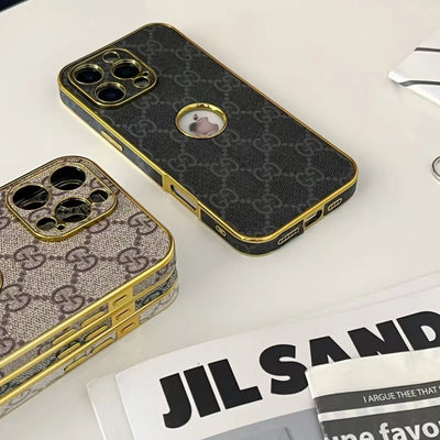 GG-Inspired Luxury Monogram iPhone Case with Gold Trim