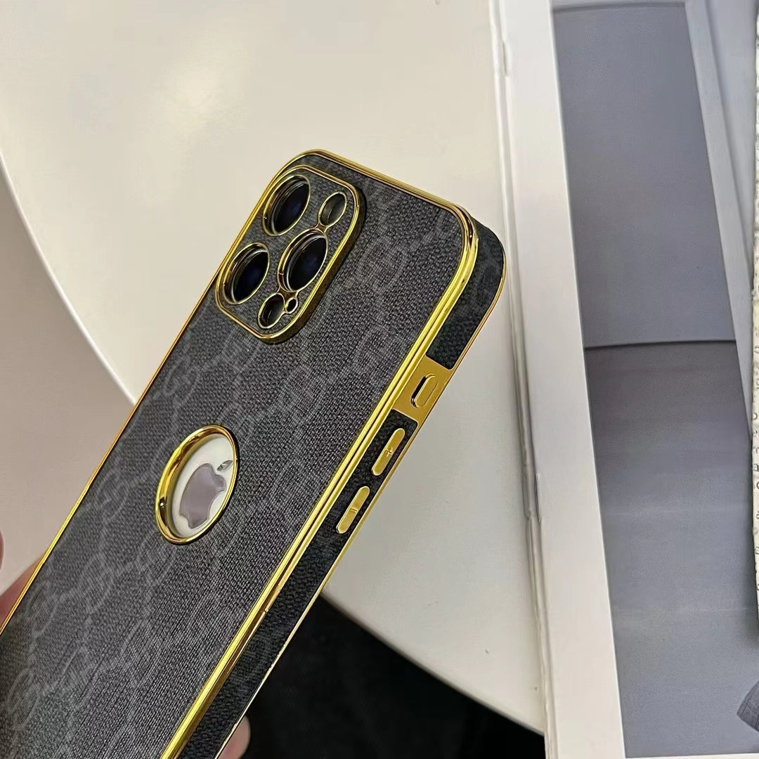 GG-Inspired Luxury Monogram iPhone Case with Gold Trim